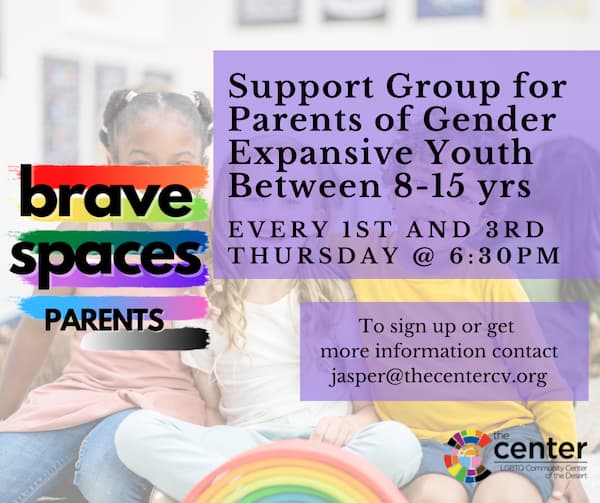 Flyer for the Brave Spaces Parents program, a support group for parents of gender-expansive youth ages 8-15